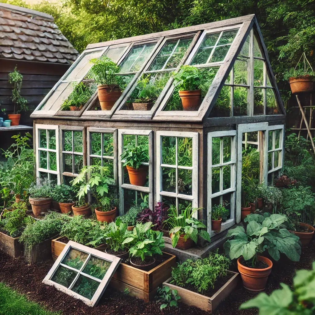 A DIY greenhouse constructed from old window frames