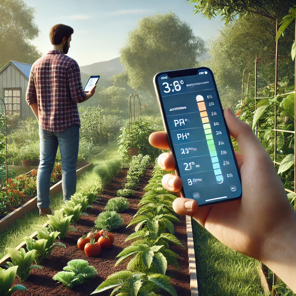 A gardener using a smartphone app to monitor soil health parameters.