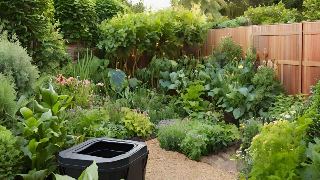 A lush, sustainable garden with a variety of plants and a compost bin in the corner.