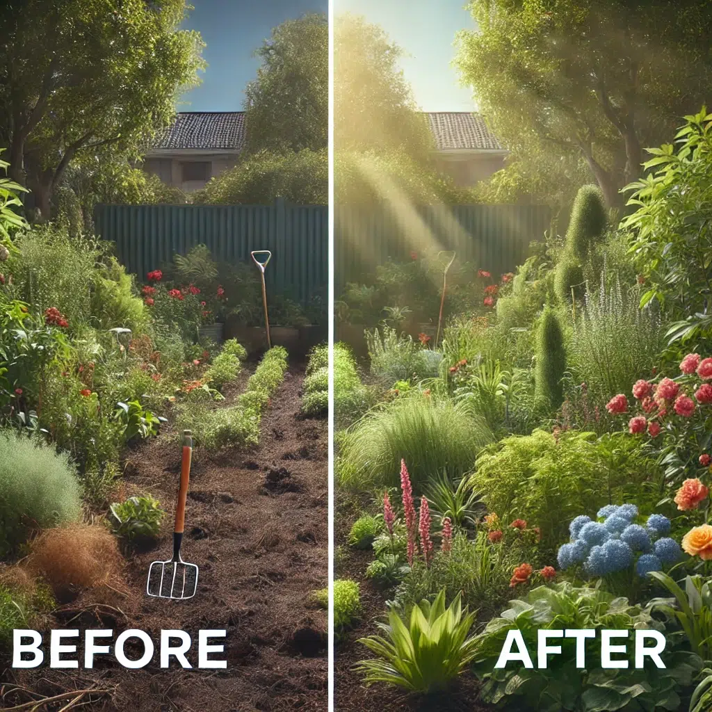 "Before and After" image of the garden transformation, showing the improvement from a garden with sparse plants and poor soil to a lush, vibrant garden full of diverse plant life and healthy soil.