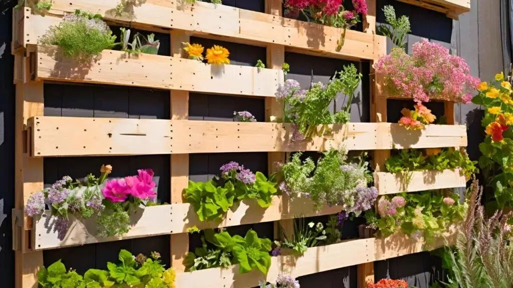 A vertical garden made from a wooden pallet, filled with blooming flowers.