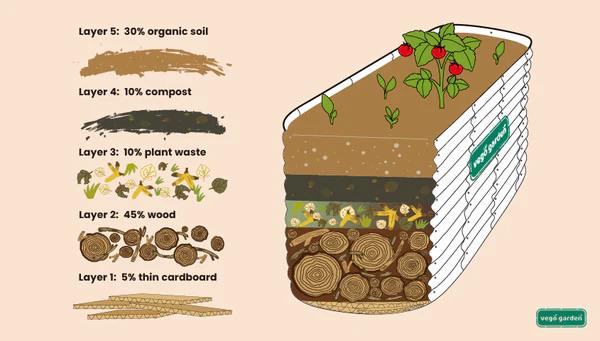 A visual guide to layering materials in a no-till garden bed.