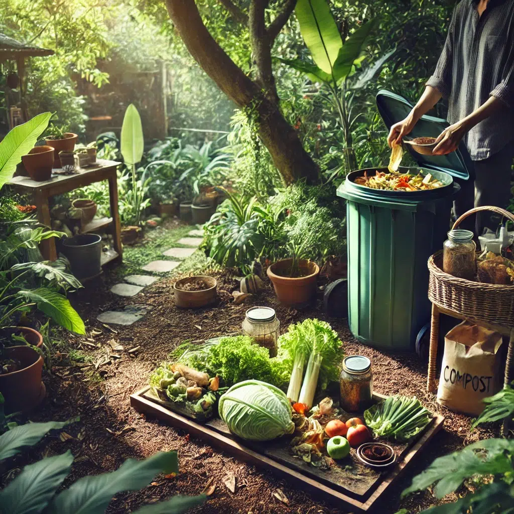 Eco-Friendly Gardening: a compost bin in a lush garden, filled with layers of green and brown organic materials. A person is actively adding more scraps, highlighting the composting process.