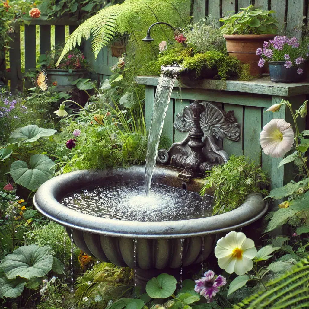 An old sink repurposed as a small water fountain and birdbath in a garden, with water gently cascading into the basin, surrounded by lush plants and flowers