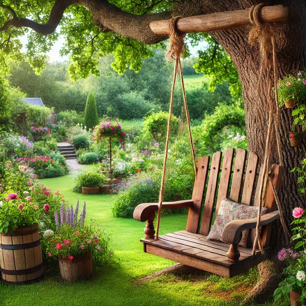 An old wooden chair transformed into a charming garden swing, hanging from a sturdy oak tree