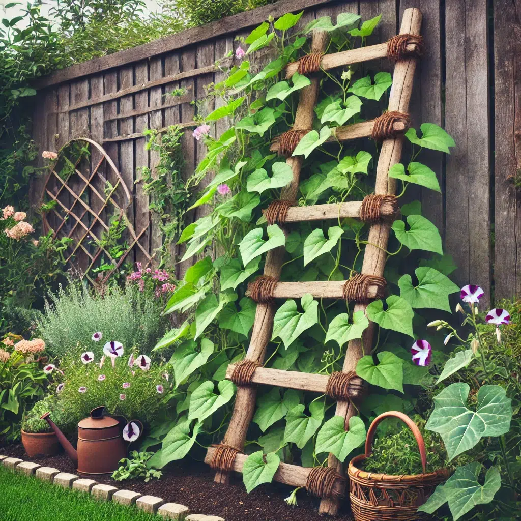 An old wooden ladder repurposed as a garden trellis, supporting climbing green bean plants and morning glories, set against a garden backdrop with a rustic fence