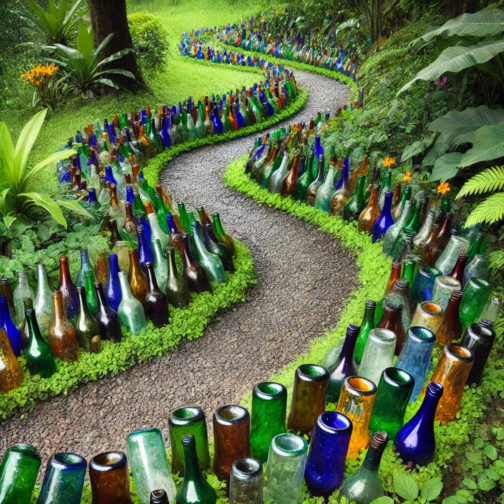 Artistic garden path made from inverted colorful glass wine bottles buried neck-down, creating a unique and sparkling border along a winding garden trail