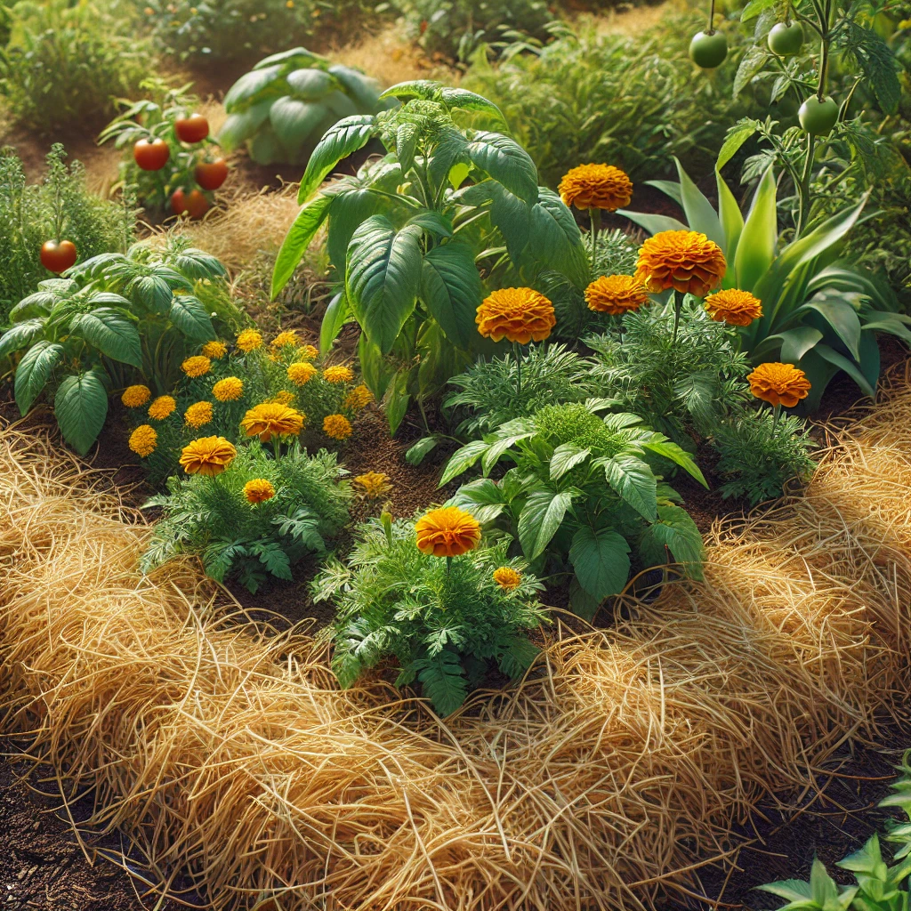 Weed Control: A garden bed with plants surrounded by straw mulch