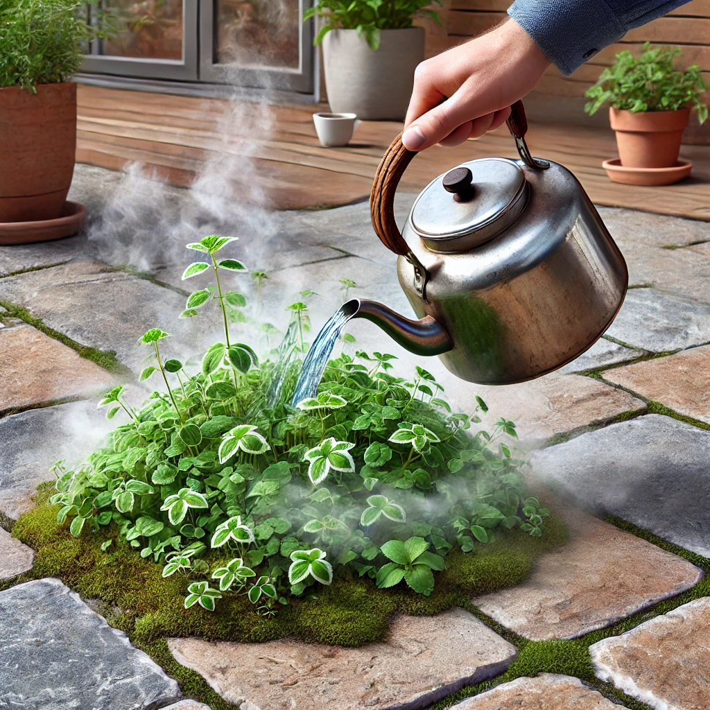 Weed Control: Pouring boiling water on weeds