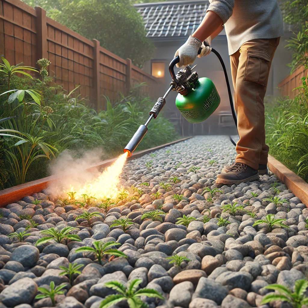 Gardener using a flame weeder on a gravel pathway