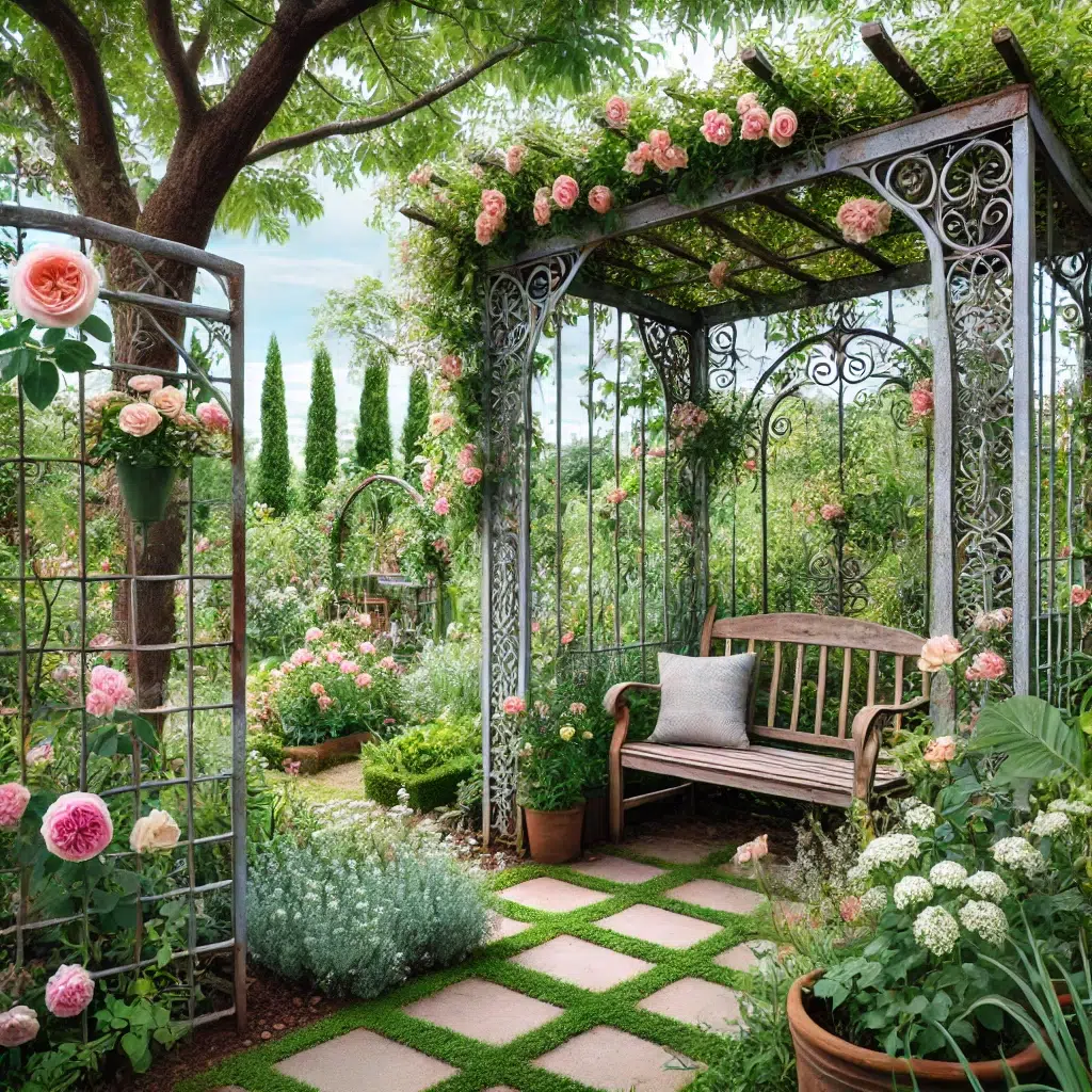 Garden trellises and arbors made from old doors and metal bed frames, creatively used to support climbing plants like roses and vines in a beautifully arranged garden