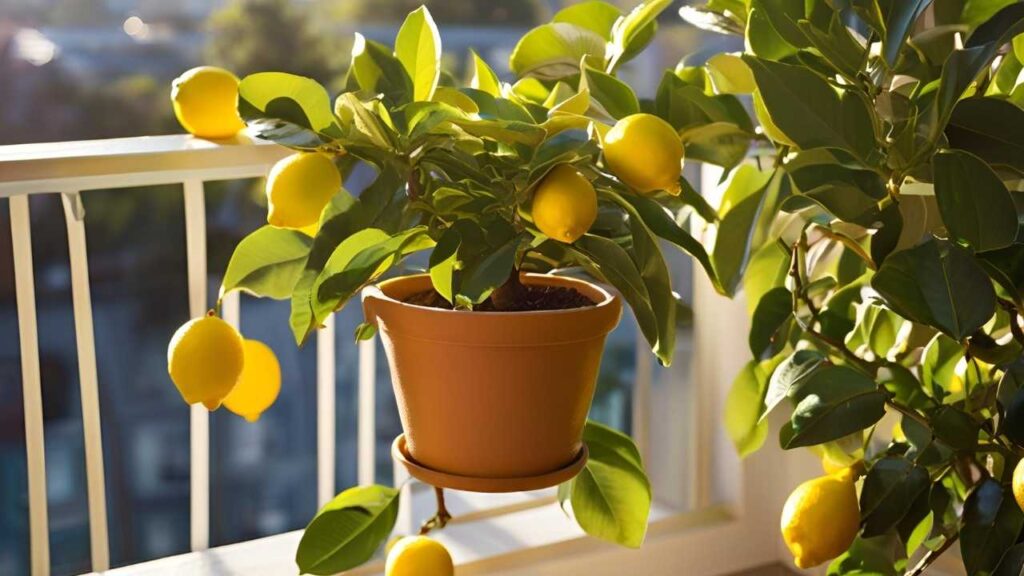 Potted dwarf lemon tree bearing fruit on a balcony