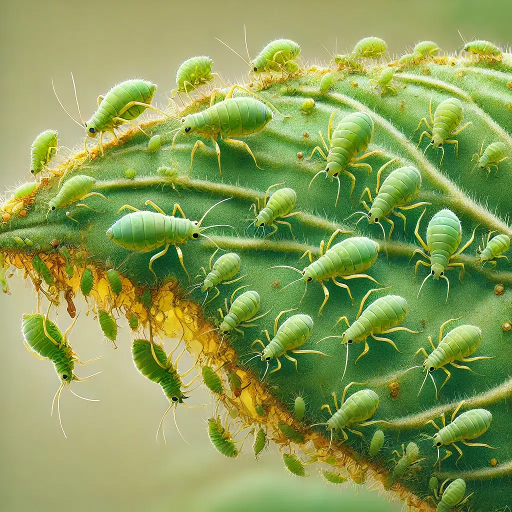 aphids, small green insects feeding on a plant's leaf