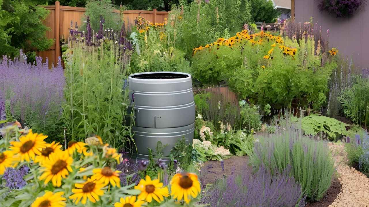 Eco-Friendly Gardening: a vibrant backyard garden filled with native plants like lavender, sunflowers, and coneflowers