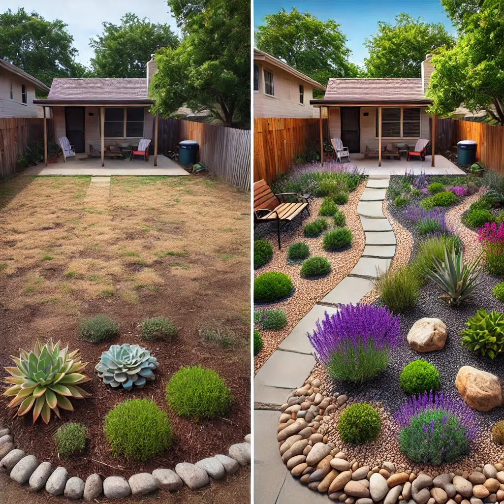 before and after comparison of a yard transformed through xeriscaping