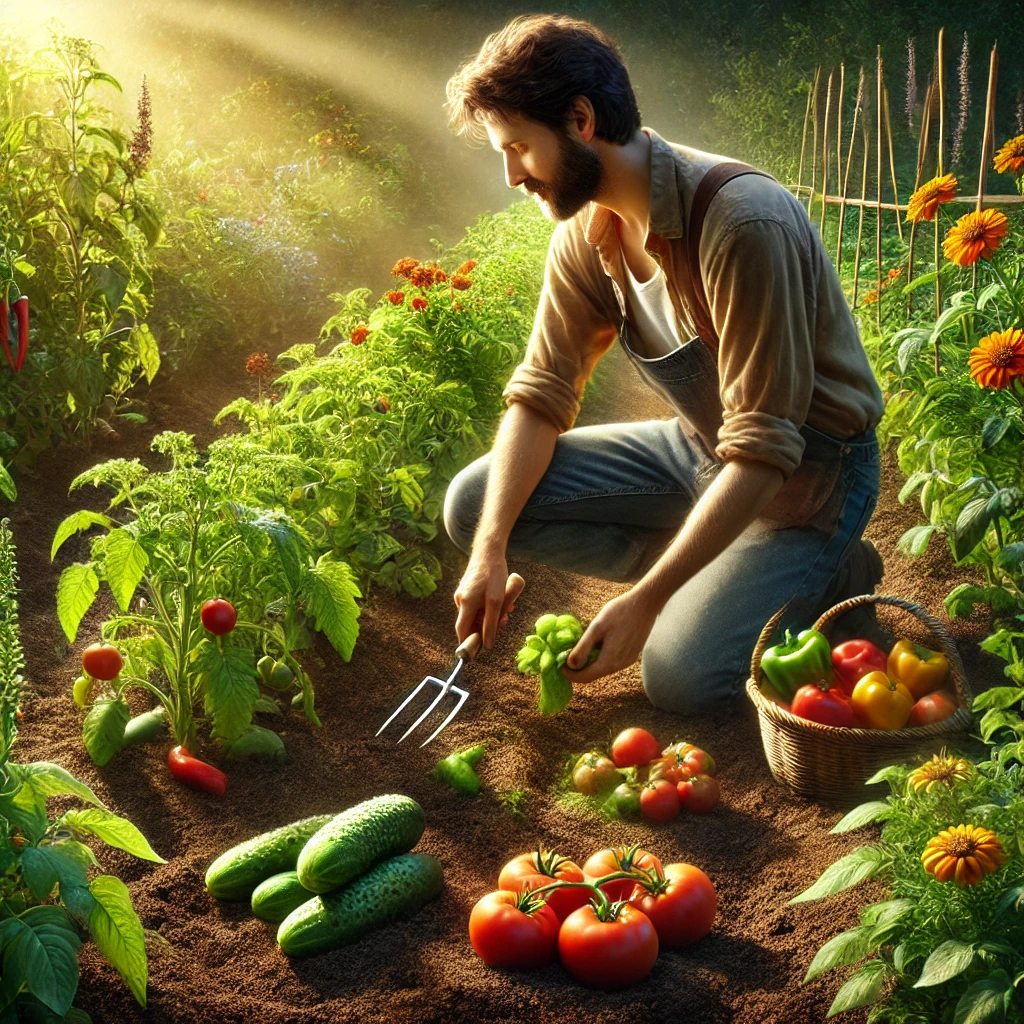 gardener harvesting produce from a companion-planted garden