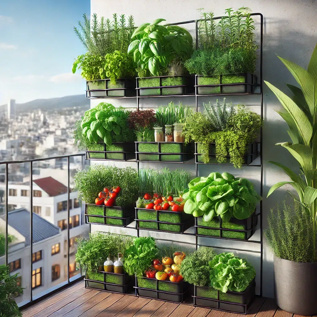 A vertical garden on an urban balcony with a variety of herbs and vegetables.