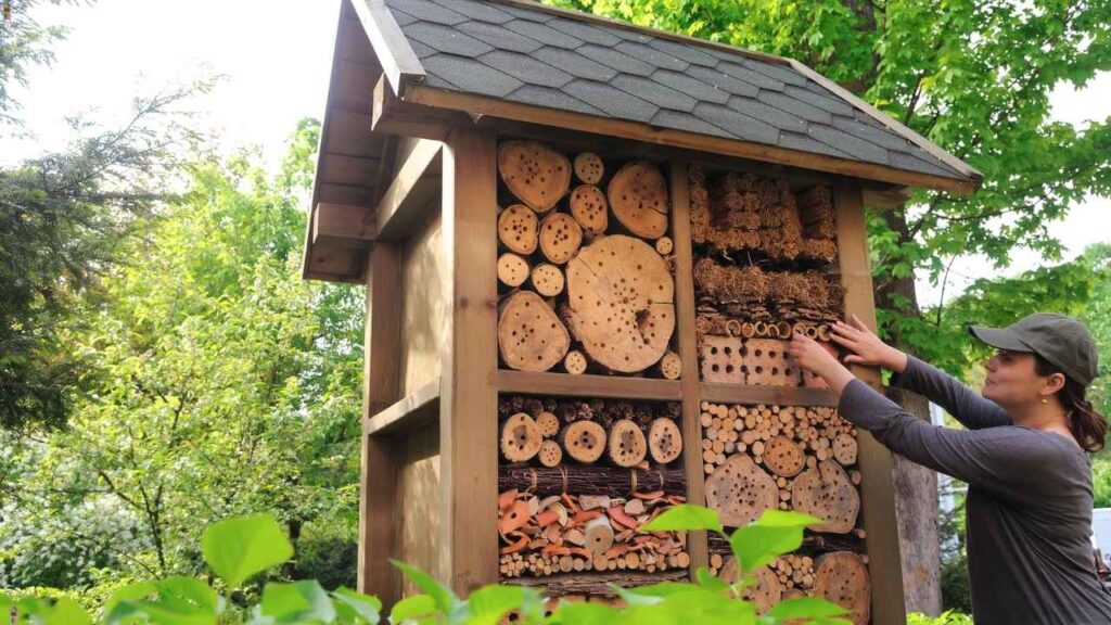 insect hotel using natural materials like wood, bamboo, and straw