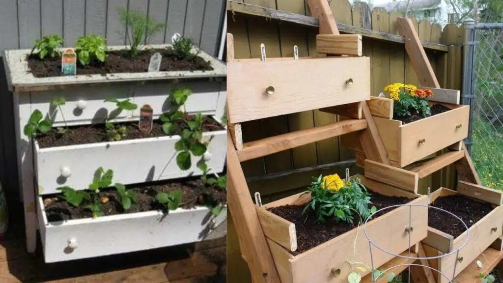 old dresser drawers as raised beds for shallow-rooted plants