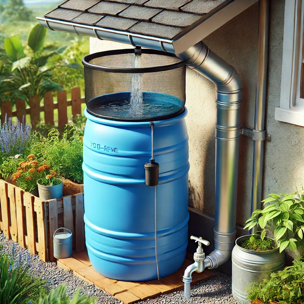 a blue food-grade plastic barrel placed beneath a downspout, connected with a diverter kit, a mesh screen on top, and a spigot near the bottom, all set up in a garden environment.