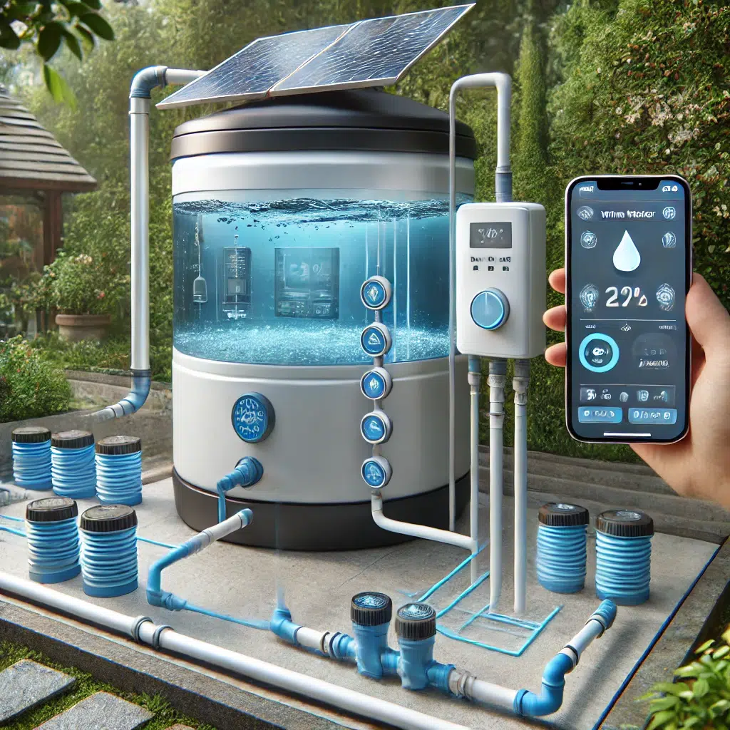 smart rainwater harvesting system: a modern rainwater tank with automated valves, water level sensors, and smartphone integration for monitoring weather and system efficiency.