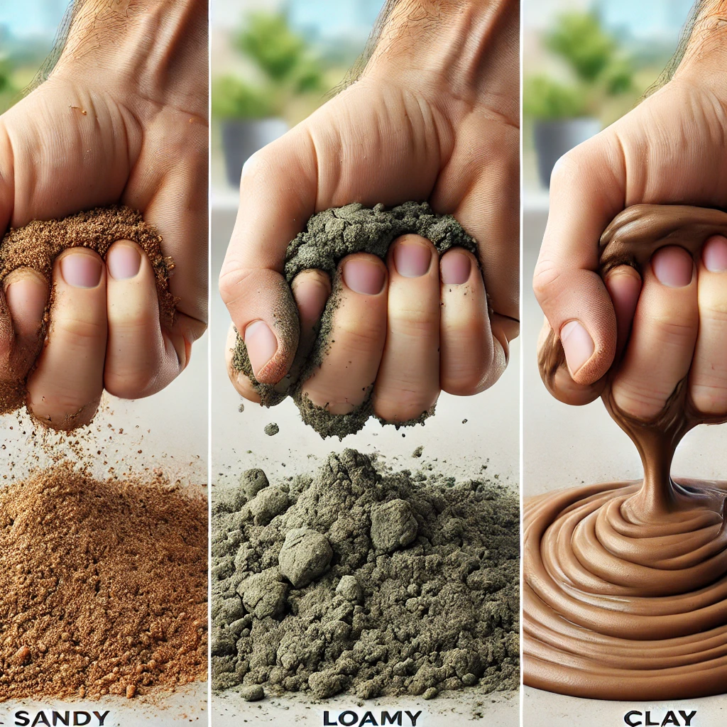 image of the Squeeze Test for Soil Consistency, highlighting the different textures of sandy, loamy, and clay soils.