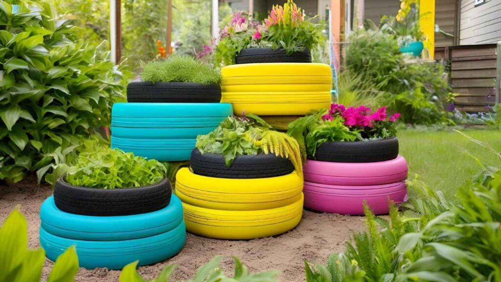 Stacked tires to create tiered planters