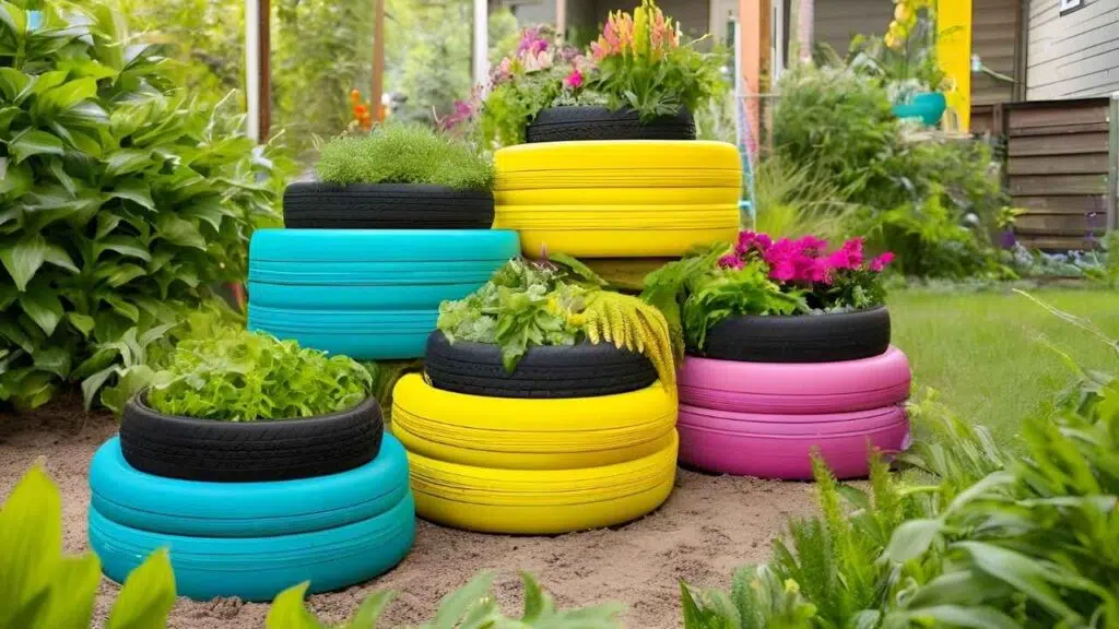 Stacked tires to create tiered planters